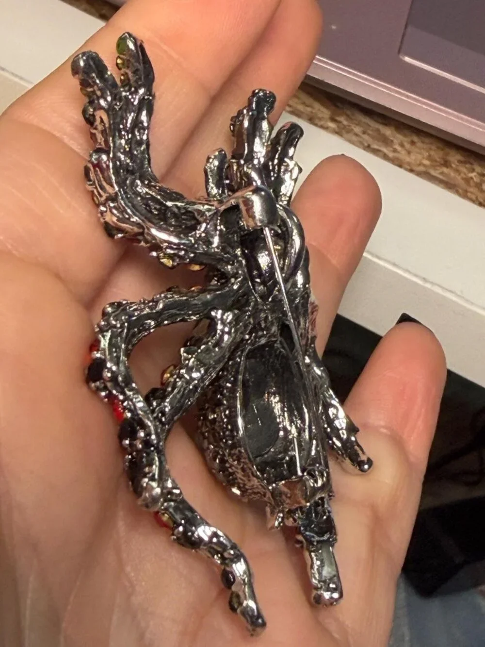 Spider Brooch Black Red Crystal 3D Rhinestone Statement Pin 2.75”